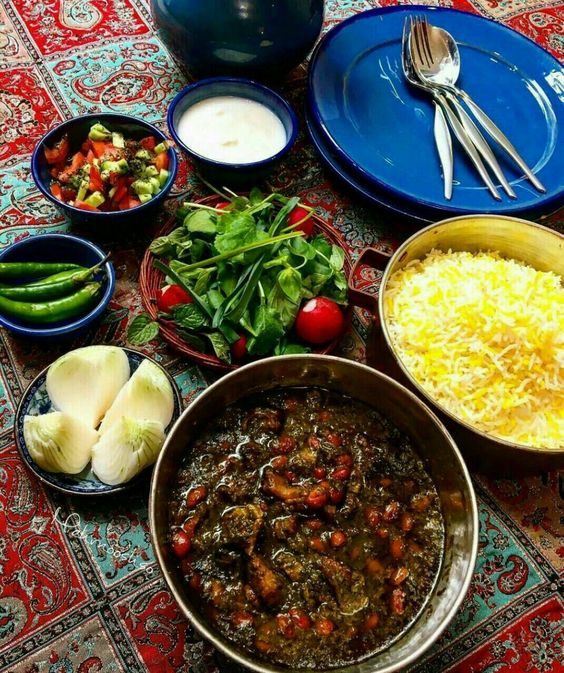Ghormeh Sabzi Dish Beside Rice and Vegetables